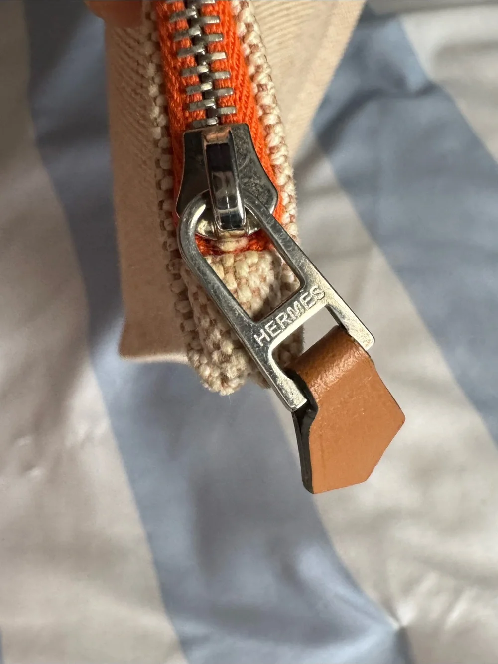 Hermes Beige Canvas Pouch with Orange Trim and Red Logo